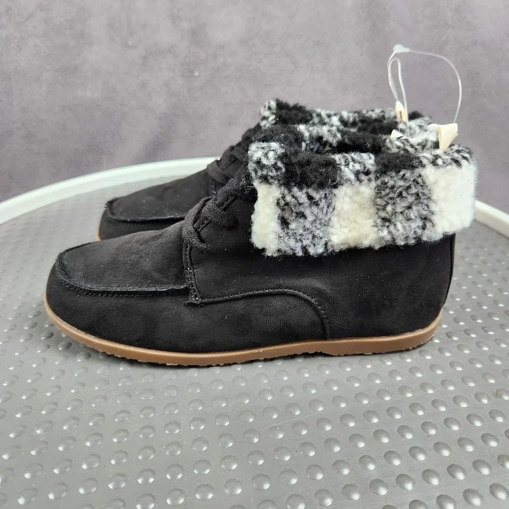 Gap Kids Moccasin Boot Boys Size 1 Black Faux Suede Plaid Cuff‎ Lined